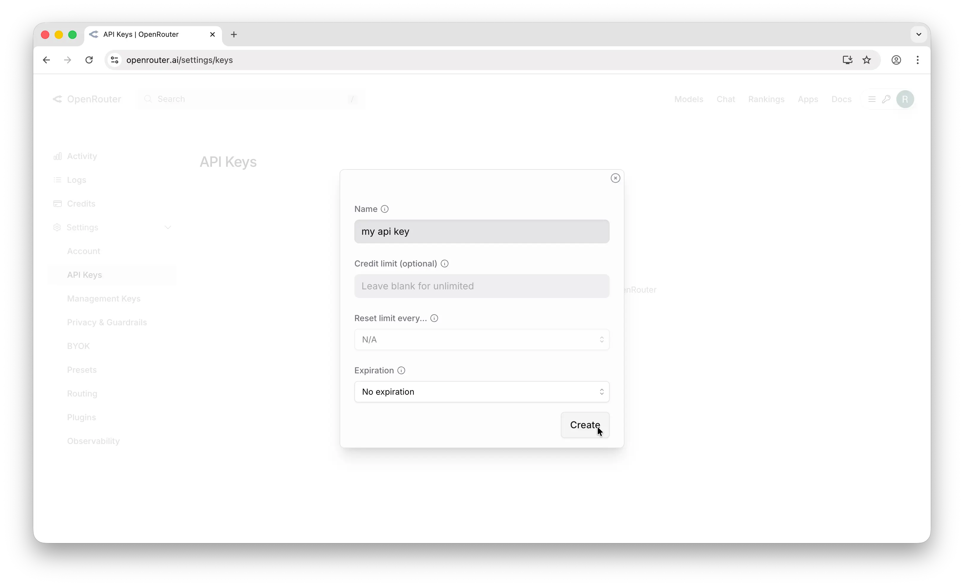 OpenRouter create-key popup with name, credit limit, reset, and expiration.